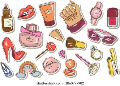 Set of beauty makeup stickers. Cosmetic items and girly stuff. Lipstick, mascara, perfume, manicure, nail polish. Colored doodle style. Isolated white background. Vector stickers, patches, badges