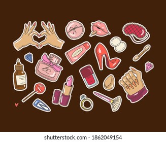 Set of beauty makeup stickers. Cosmetic items and girly stuff. Lipstick, mascara, perfume, manicure, nail polish. Colored doodle style. Isolated dark background. Vector stickers, patches, badges