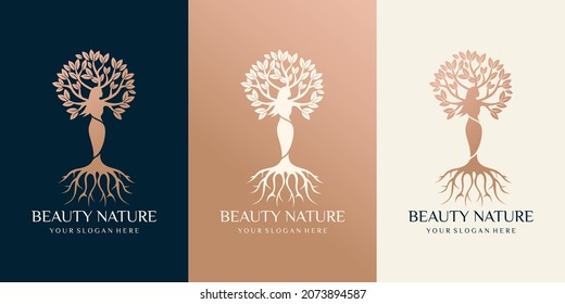 set of Beauty nature logo with combination of beautiful woman tree . premium vector art style Premium Vector