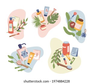 Set of beauty organic natural cosmetics, hair, body, face care products , massage brush and treatment accessories. Vector flat cartoon bottles packaging, shampoos and lotions, foundation creams