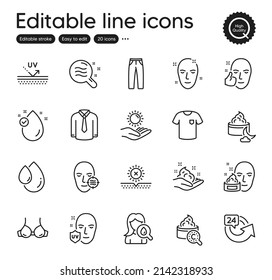 Set of Beauty outline icons. Contains icons as Pants, No sun and Healthy face elements. Collagen skin, Face cream, Uv protection web signs. Vitamin e, Bra, Skin condition elements. Vector svg
