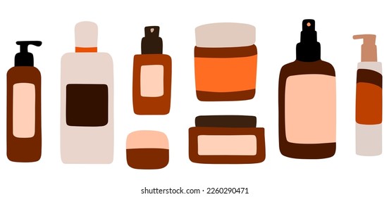 Set of beauty products for body, hair and skin care. Cosmetics and makeup items in bottles, dispensers and jars. Flat vector illustration isolated on white. Orange, brown colors. Blank design