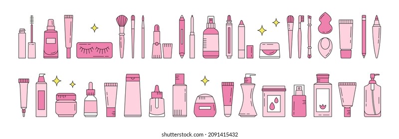 Set of beauty products. Cream, cleanser, tonic, sheet mask, serum, lip balm, scrub, moisturizer, essence, mascara, lipstick, foundation, eyeliner. Make up and skin care concept. Korean cosmetics.