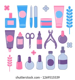 Set of beauty products elements: cosmetic, scissors, cream, nail polish etc. Modern style on white background. Vector