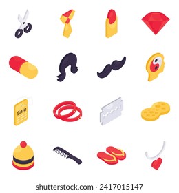 Set of Beauty Products and Fashion Isometric Icons 

