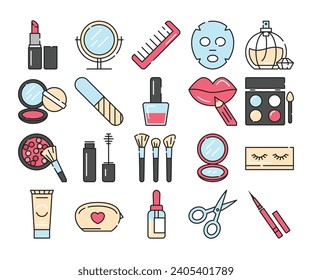 Set of beauty products icons vector isolated. Pictograms of different cosmetic and makeup tools. Mascara, powder, lipstick and nail polish.