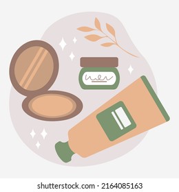 Set Of Beauty Products With Powder Skin Care Isolated Vector Illustration In Flat Style