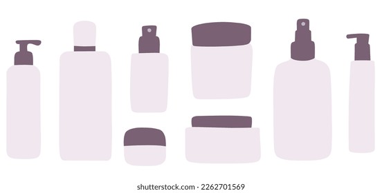 Set of beauty products templates. Skin, hair, body care. Blank lilac purple packaging. Flat vector illustration isolated on white. For cosmetics designs