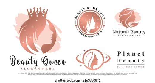 Set of beauty queen logo design with woman face illustration for salon Premium Vector