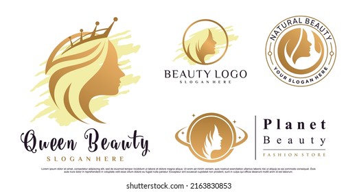 Set of beauty queen logo design with woman face illustration for salon Premium Vector