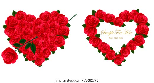 Set of beauty red hearts of roses. Vector illustration.