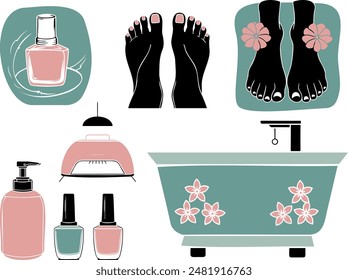 Un conjunto de Elementos de salón de belleza: esmalte de uñas, pedicura, masaje de pies, esmaltes, lámpara de secado, bañera. Moderna Ilustración vectorial de una línea