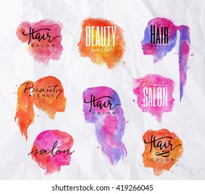 Set of beauty salon female silhouettes with inscriptions drawing with color ink on crumpled paper background