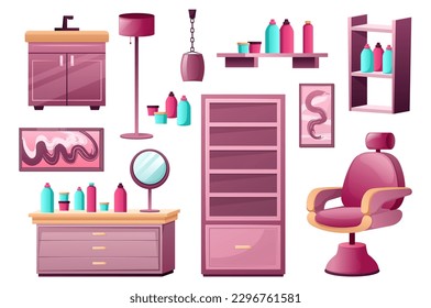 Set of Beauty salon furniture. This is a flat and cartoon-style design featuring a set of beauty salon elements. Vector illustration.