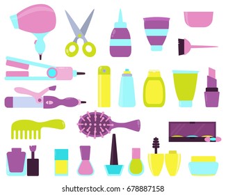 A set of beauty salon icons. Equipment and cosmetics. Vector illustration