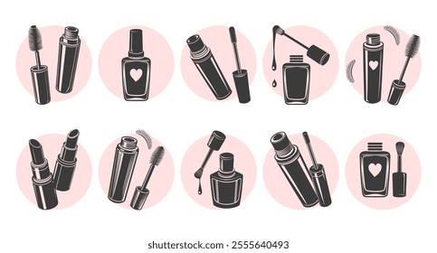 Set of beauty salon logos. Mascara silhouettes, lipstick silhouette, nail polish bottles for manicure, lip gloss tubes. Illustration, icons	
