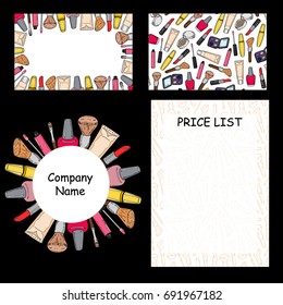 Set for beauty salon, make-up artist. Business card, price-list, logo in colorful cartoon style. Hand drawing. Vector illustration.