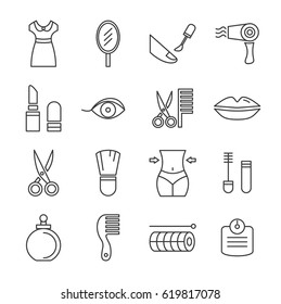 Set of beauty salon Related Vector Line Icons. Includes such Icons as dress, mirror, make-up, haircut, eyelash curler, manicure, slimming, perfume, lipstick