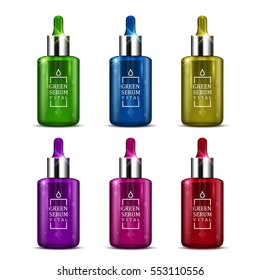 A set of  beauty serum dropper bottles of different color on white background. The set contains green, blue, olive, purple, pink and red bottle. Skincare product concept. Vector illustration. 