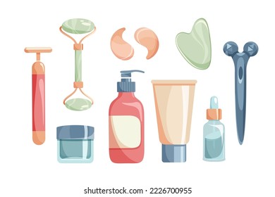 Set of beauty skin care tools and treatments, skincare routine, bottles, glass jars, tubes, serum, moisturizer, facial rollers massagers, eye patches, isolated vector illustration