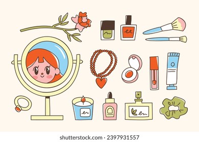 Set of beauty and skincare products. Vector illustration of girly things and self care concept. Hand drawn elements such as makeup mirror, perfume, necklace, hand cream, serum and lip gloss.