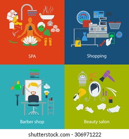 Set of Beauty and Spa Designs in Flat Style.. Infographics With Barber, Shopping, Fashion, Spa and Beauty Salon. Vector Illustration.  
