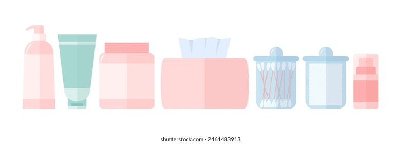 Set of beauty and spa items. Box tissue, tips in glass, cream jars and skin organic cream bottle vector set