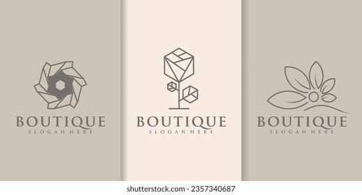 A set of Beauty studio logo in minimalist simple linear style. Floral vector emblem. Feminine icon for Nail and hair salon Studio, Spa