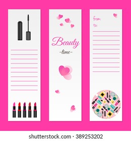 Set of beauty style gift cards with lipstick,mascara. Stock vector illustration