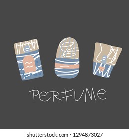 Set of beauty supplies and handwritten lettering. Hygiene vials, tubes and text in flat style. Vector illustration.