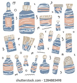 Set of beauty supplies. Hygiene vials, tubes and packages in flat style. Poster template. Vector illustration.