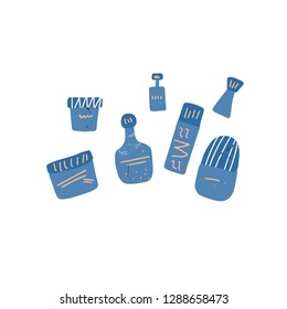 Set of beauty supplies. Hygiene vials, tubes and packages in flat style. Vector illustration.