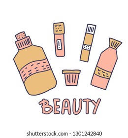 Set of beauty supplies. Hygiene vials, tubes. Vector illustration.