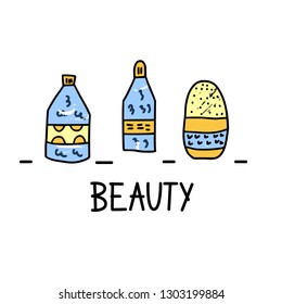 Set of beauty supplies. Hygiene vials, tubes. Vector illustration.