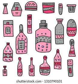Set of beauty supplies. Hygiene vials, tubes and packages in doodle style. Vector illustration.