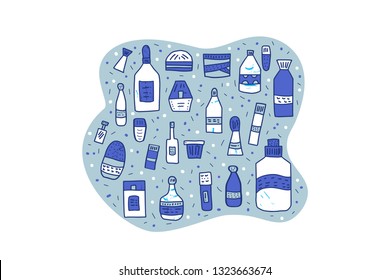 Set of beauty supplies. Hygiene vials, tubes and packages. Vector illustration.