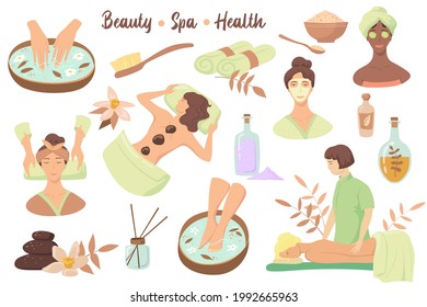 Conjunto de símbolos de belleza y procedimientos de spa. Ilustración vectorial de dibujos animados. Mujeres que disfrutan de cuidado de la piel, masajes, máscaras faciales de arcilla, terapia de aroma en el centro de bienestar o salón. Relajación, concepto de tratamiento de la salud