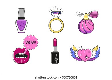 Set of beauty vector illustrations. Fashion stickers made in flat cartoon style. Nail Polish, Diamond ring, perfume, lips, WOW bubble, heart. Manicure, makeup beauty set isolated on white background