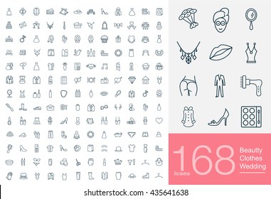 Set of beauty, wedding and clothes icons for web or services. 168 line female icons high quality, vector illustration.