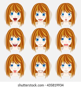 Set of beauty woman avatar expressions face emotions vector illustration.