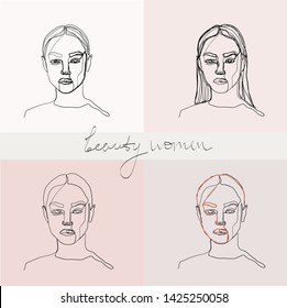 Set of beauty woman portraits. 	
Abstract line continuous face. Female silhouette minimal icon. Modern avatar in graphic style. Fashion glamour concept. 
