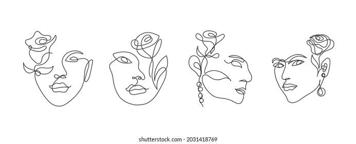 Set of Beauty Women faces with rose flower and leaves in one line art style. Continuous line art, one line drawing style for Botanical print, abstract, cosmetics, spa, salon, cards, poster etc.