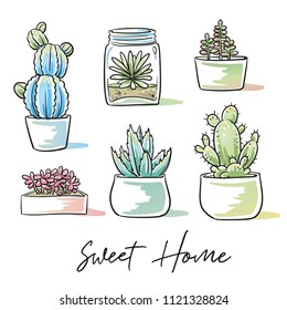 Set of beautyful colorful succulents and cactus plants in garden pottery with hand written font. Hand drawn doodle sketch vector illustration.