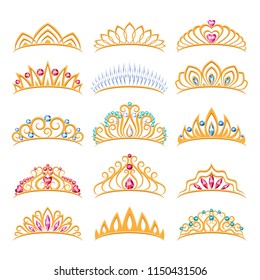 Set of beautyful golden tiaras with gemstones. Princess crowns. Jewelry collection.