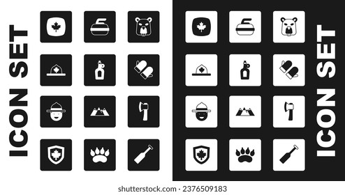 Set Beaver animal, Bottle of maple syrup, Canadian ranger hat, leaf, Christmas mitten, Stone for curling, Wooden axe and  icon. Vector