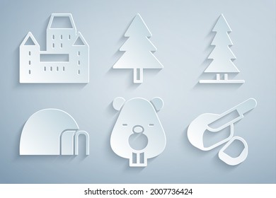 Set Beaver animal, Canadian spruce, Igloo ice house, Peameal bacon, Christmas tree and Chateau Frontenac hotel icon. Vector