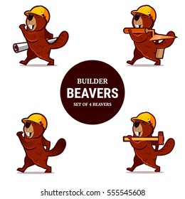 Set of beaver animal character with hammer, trowel and paper plan. Vector isolated.