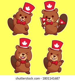 conjunto de caracteres canadá castor con apariencia opcional. vector kawaii premium