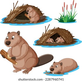 Set of beaver cartoon character illustration