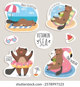 set of beaver stickers, beaver at sea, beaver resting, travel stickers, sea stickers, vacation, travel agency, vacation stickers, sea logo